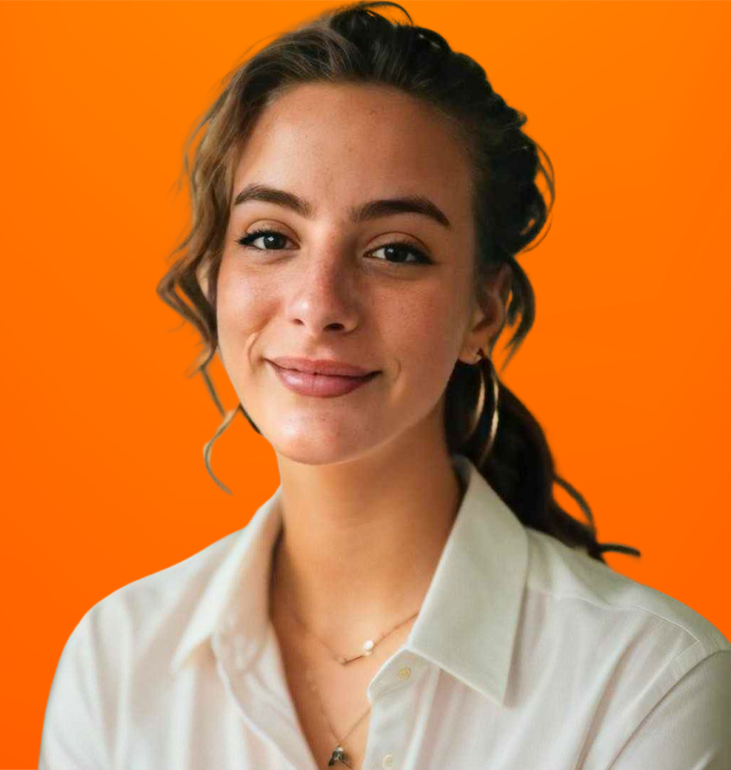 Pia Vosloo, CEO and founder of MotherTyper, a professional digital marketing agency, smiling against an orange background.