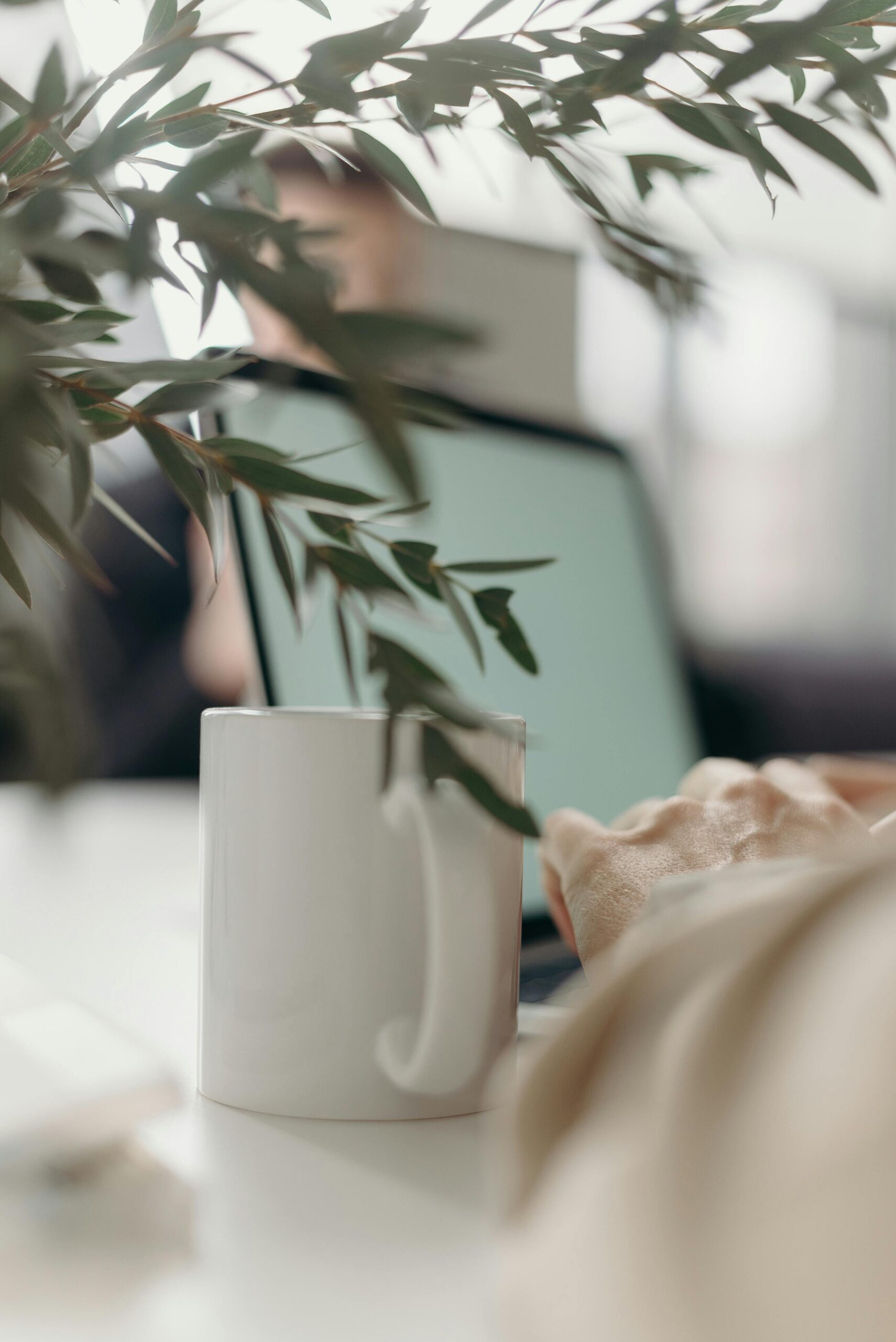 Discover the tranquil workspace of a social media marketing agency professional, featuring a serene setting with a laptop partially hidden behind refreshing greenery and a simplistic white mug, symbolizing a calm yet productive environment tailored for creative thinking.