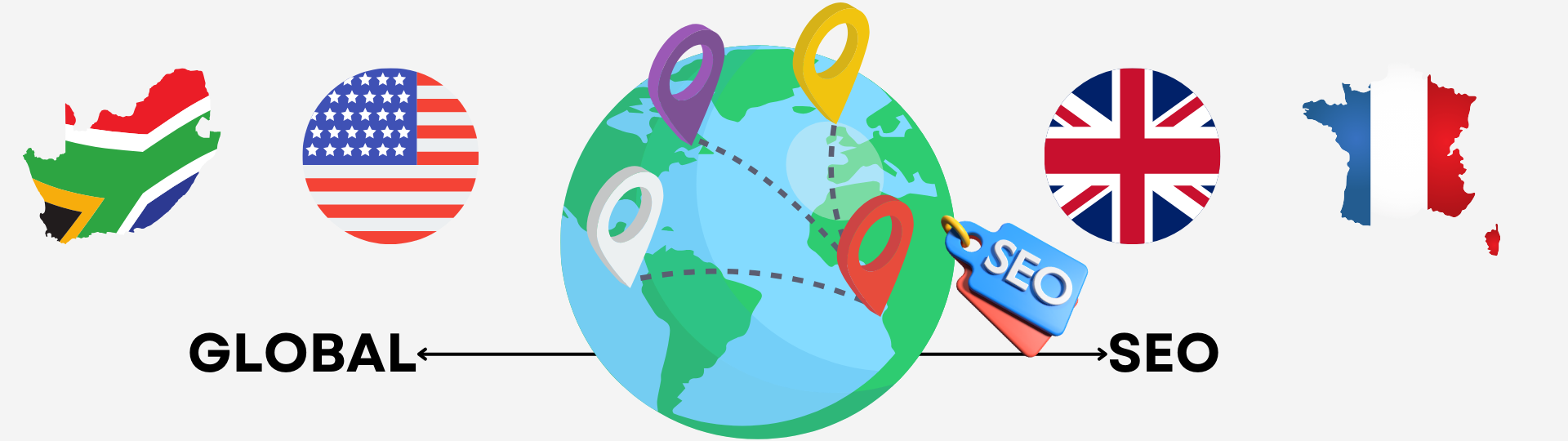 Global SEO services map highlighting locations in South Africa, USA, UK, and France, symbolizing worldwide SEO expertise.