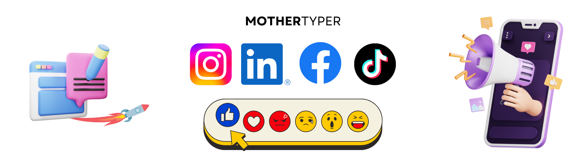 Illustration showcasing social media marketing with icons of Instagram, LinkedIn, Facebook, and TikTok, alongside elements of engagement such as reactions and a megaphone symbolizing content promotion.