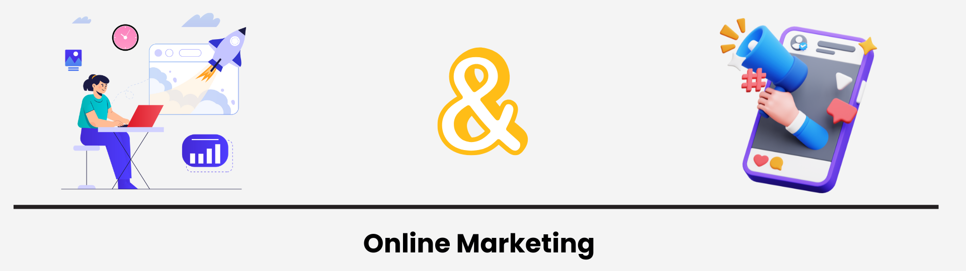 Illustration of a woman working on a laptop with analytics and rocket graphics, alongside a smartphone with a megaphone symbolizing social media marketing, connected by a yellow ampersand. The text "Online Marketing" is featured below.