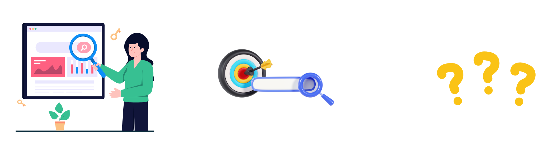 Visual representations of SEO and keyword targeting featuring a woman examining a data display on a computer screen, a dart hitting the center of a target, a magnifying glass on a blue trail, and question marks symbolizing inquiry and exploration.